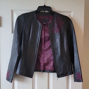 Ladies black leather jacket with burgundy embroidery size small
